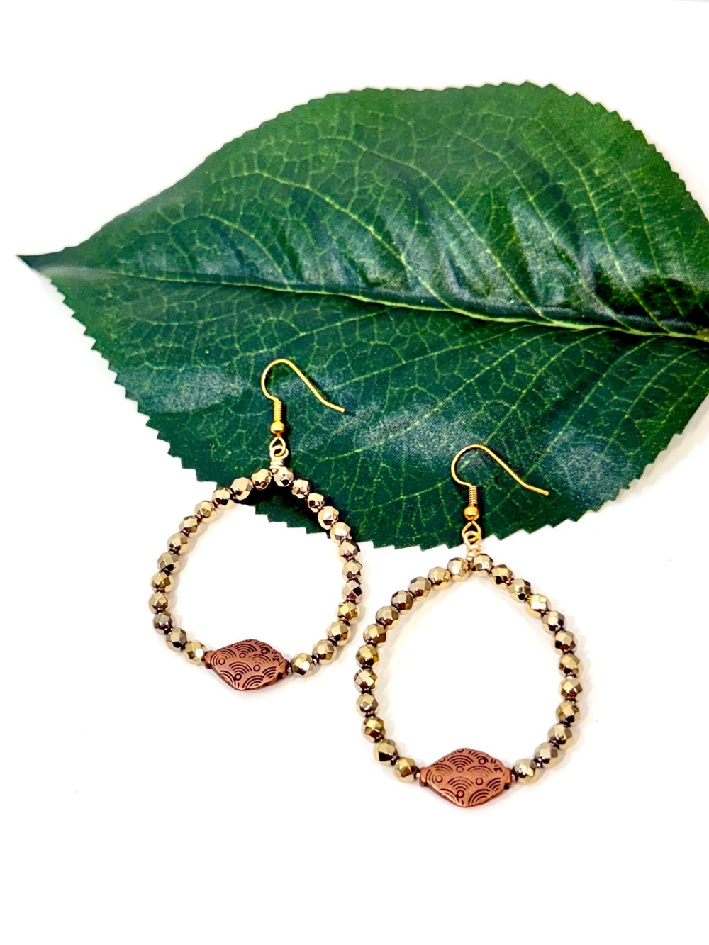 Gemelli Earth Gold Pyrite Beaded Teardrop Statement Earrings NWT